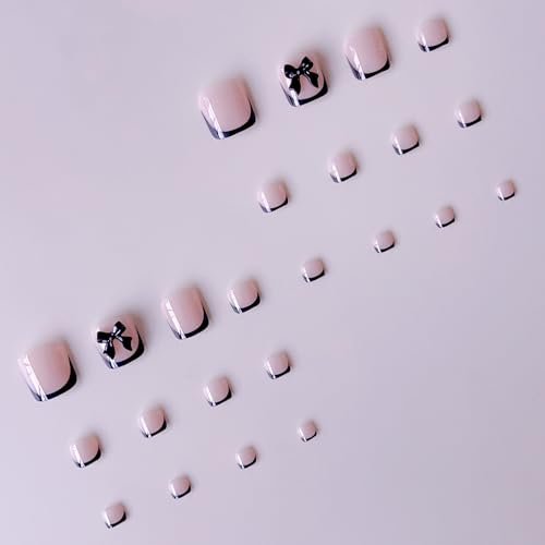 Image of Black French Tip Press on Toenails Bow Fake Toenails Short Square Glue on Toe Nails Glossy Full Cover False Toes Reusable Artificial Acrylic Stick on Toenails for Women Girls Summer Manicure 24Pcs