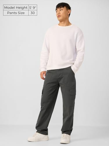Image of The Souled Store Cargo: Men and Boys Buttoned Waist Solid Cotton Twill Lightweight Stretchable Multi Pocket Everyday Straight Fit Cargo Pants