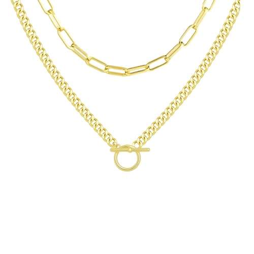 RIXERKOC 2 Pcs Colliers Superposés en Or pour Femmes, 14K Or/Argent Chaînes tour de cou Réglable Empilées Chaîne à Maillons Cubains avec Fermoir à...