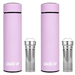 London Sip Multi-Purpose Travel Mug and Tumbler Fruit Infused Flask Hot and Cold Double Wall Stainless Steel Thermos with Extra-Long Infuser, Gentle Lilac, Pack of 2