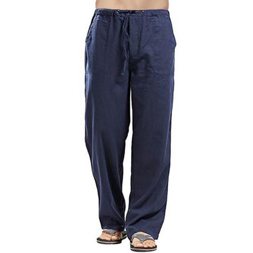 Image of Relwxea Men's Linen Trousers Loose Fit Summer Beach Yoga Pants Elastic Drawstring Trouser Straight Legs Lightweight Trouser Navy Blue XXL