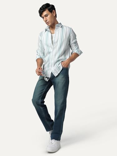 Image of Urbano Fashion Men's Cotton Full Sleeve Relaxed Fit Linen Striped Shirt with Spread Collar