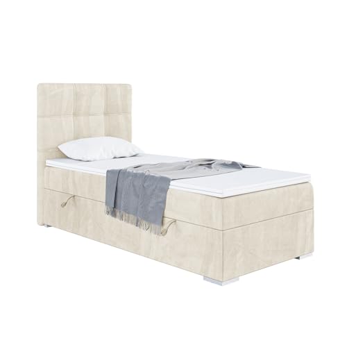 MEBLINI Boxspringbett mit Bettkasten - Gepolstert Einzelbett mit Matratze und Topper - Polsterbett mit Stauraum - Bett mit Kopfteil - Stauraumbett - Kai - 100x200 Links - H3/Creme Samt