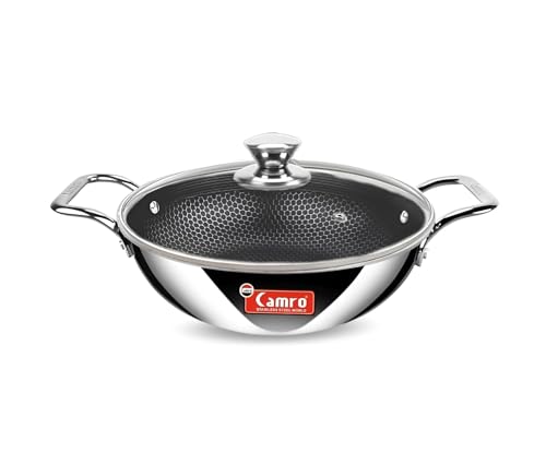 Image of Camro Kadai with Glass Lid 4 Litre 26 Cm| Honeycomb Triply Kadhai for Cooking | Curry Stir-Fry Deep Fry Dry Veg | Cookware kadai with Steel Handle |Non Stick kadhai for Frying |Induction Base & Gas