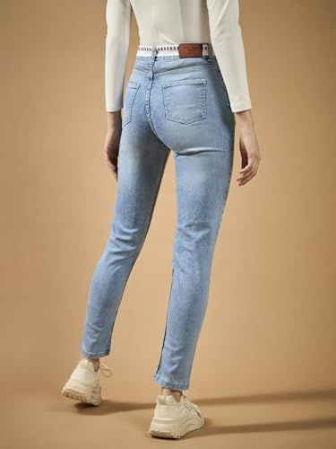 Image of Miss Chase Women's Skinny High Rise Cropped Fringed Hemline Detailing Stretchable Denim Jeans