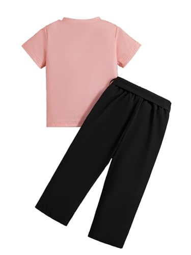 Image of Kids Toddler Girl Clothes Letter Print Graphic Top and Belted Pants 2PC Summer Clothing Set