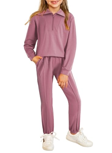Image of blibean Girls Fall Sweatsuit Sweatshirt Jogger Pants Sets Size 12-13 Pink | Teen Girls Fall Knit Half Zipper Collar Solid Two piece Outfits Big Kids Casual Daily Sports Sets