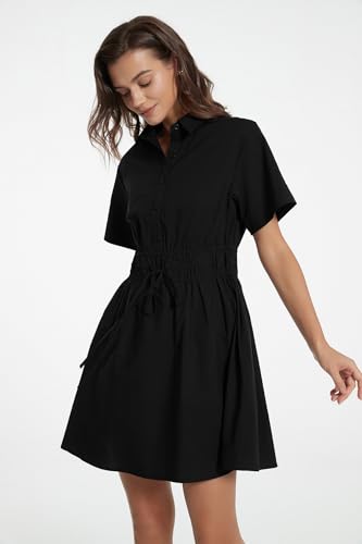 Image of D-Sun Women Casual Button Down Shirt Dress V-Neck Short Sleeve Tie Waist Mini Shirt A-Line Flowy Elegant Short Party Dress