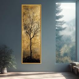 Tableau abstrait pour grand mur vide avec toile arbre doré 50x150