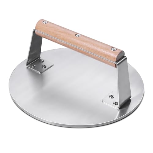 Professional Stainless Steel Smash Burger Press with Wood Handle,Heavy-Duty 8.5 Inch Burger Smasher (3.64 lb) - 6mm Thick Base for Hamburgers, Steak & Bacon