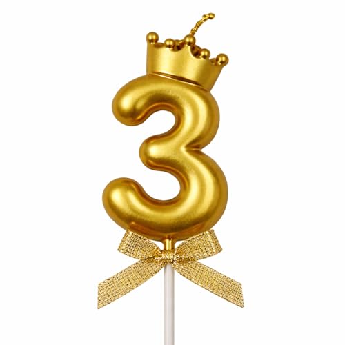 Rozi Decoration Number 3 Birthday Candle for Cake with Crown Design | Gold Metallic Number Candle with Stick | Third Birthday Cake Topper for Baby, Kids and Family Celebration