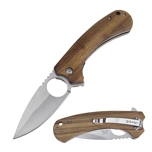 Elk Ridge Drop Point Folding Knife, 3.48" Satin Blade, Wood Handle, Pocket Clip, 8.18" Overall Length, Survival, EDC (Light Brown)