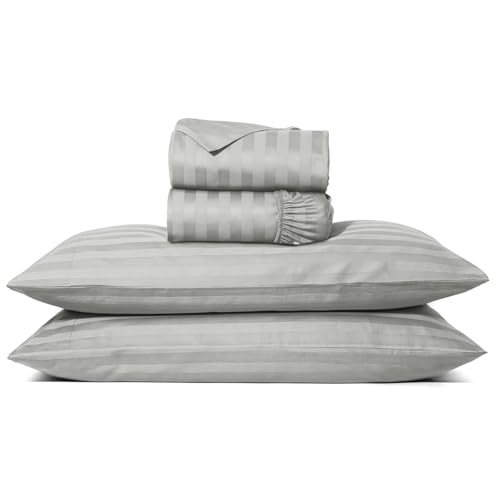 Image of TEXAS LINEN CO. 100% Egyptian Cotton Sheets Queen Size - Luxury 1000 Series Lonestar Lovin' Damask Bed Sheets Queen Size Set (4 PC, Silver Stripe), Cooling, 16 inch Deep Pocket, Sateen Weave Hotel Sheets