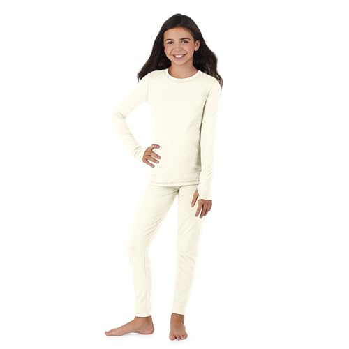 Cuddl Duds Girls Heavyweight Fleece Lined 2 Piece Thermal Underwear Set Long Sleeve Shirt & Leggings Base Layer for Cold Weather Winter Clothing Long Johns Lounge Sets for Kids Off White M