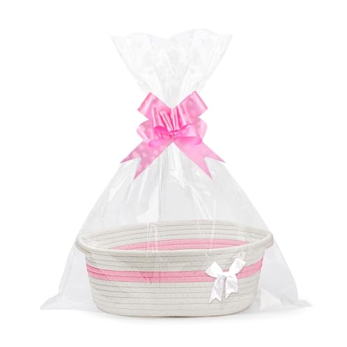 Jonuin Cesta De Regalo Vacía, Cesta Tejida Para Regalos Con 2 Bolsas Transparentes y 2 Lazos, Cesta De Regalo Vacía Para Baby Shower, Cumpleaños, Boda, Acción De Gracias, Navidad (Blanca)
