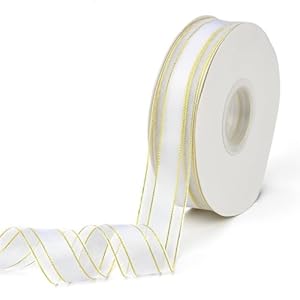 50 Yards 1 Inch White Organza Ribbon Gold Edge Ribbon Snow Sheer Transparent Soft Smooth Mesh Voile Fabric Ribbons Rolls with Spool for Gift Wrapping Christmas Hair Braiding Wedding DIY