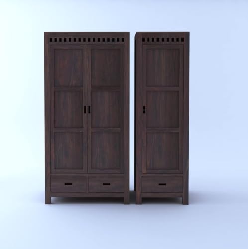 Image of Ganpati Arts Solid Sheesham Wood Armania Dual Storage Wardrobe with Door and Drawer for Bedroom Living Room Home Almirah for Clothes | Wooden Home Furniture (Walnut Finish) 1 Year Warranty