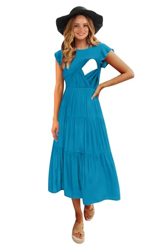 Womens Flutter Short Sleeve Smocked Tiered Nursing Dress for Breastfeeding