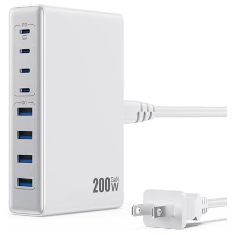 200W USB C Charger,GaN III 8-Ports USB C Charger Block,QC4.0 Fast Phone Charging Station Hub+PD 65W USB C Laptop Charger Adapter Compatible with MacBook Pro/Air,DELL,iPhone 16/15,iPad,Steam Deck-White Cover