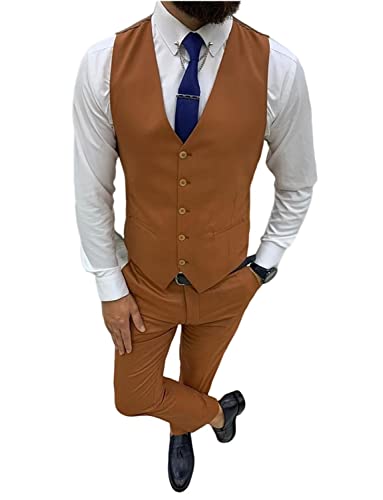 Men's V Neck Suit Vest Single Breasted Sleeveless Gilet Business Waistcoat