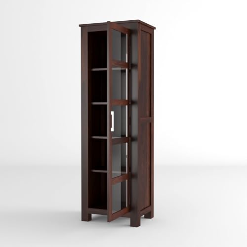 Image of Sheesham Wood Corner Book Shelf with Acrylic Glass Door | Wooden Sideboard Crockery Cabinet with 5 Shelf Storage | Kitchen Display Unit | Bookshelf for Home Library | Walnut Finish