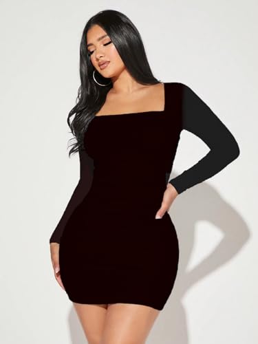 MOEENCN Women's Sexy Mesh Dress Square Neck Long Sleeve Ruched Printed Bodycon Party Club Cocktail Mini Dresses2