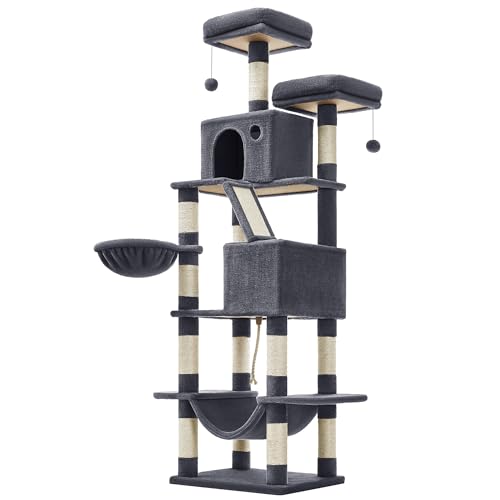Feandrea Arbre à Chat, Hauteur 206 cm, avec 13 Griffoirs, 2 Plate-Forme, 2 Niches, Panier, Hamac, Pompon, Tissu Peluche, Multi-Niveaux pour Chat d'Intérieur,...