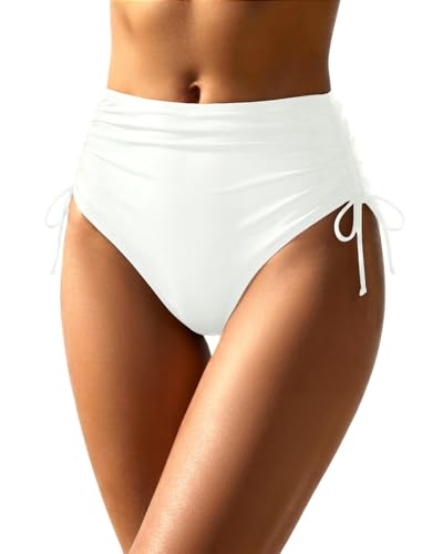 Image of Holipick Women's High Waisted Bikini Bottom | Tummy Control Ruched, Full Bum Coverage, Full Lining, Adjustable Drawstring Tie Side, Swimming, Beach