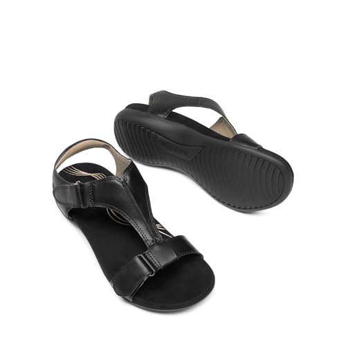 DREAM PAIRS Womens Sandals Arch Support T-Strap Orthopedic Flat Sandals Comfortable Summer Shoes,Size 10,All Black,DWUMFS2508