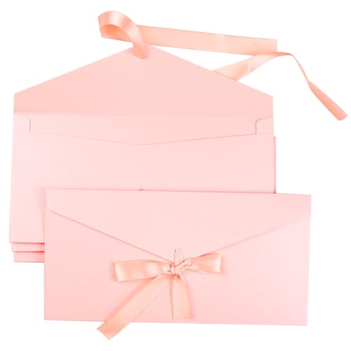 4 Pack Kraft Paper Envelopes with Ribbons, 22 * 10.9 cm Luxury Mailing Invitation Envelopes for Festival, Party, Greeting Cards, Gift Cards - Pink