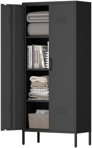 Metal Storage Cabinet with 2 Doors and Adjustable Shelves, Tall Metal Locker Multipurpose Freestanding Organizer for Bedroom, Bathroom, Home Office
