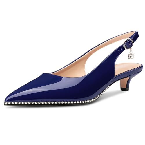 Image of TNYNFBEB Womens Low Kitten Heel Close Pointed Toe Pumps Slingback Silver Beaded Buckle Prom Party Dress Patent Leather 1.4 Inches Heels