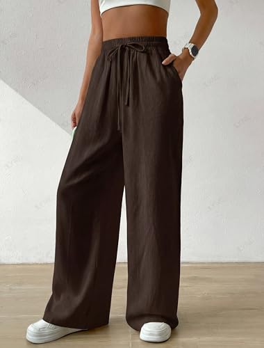 Image of ALYNE Women's Wide Leg Pants High Waisted Linen Look Textured Blend Drawstring Palazzo Trousers with Pockets Casual Relaxed Fit Flowy Soft Comfort Long Pants