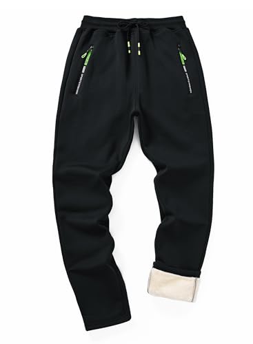 STICKON Men's Fleece Lined Pants Winter Warm Sherpa Sweatpants Active Running Joggers with Zipper Pockets Black (Straight) L