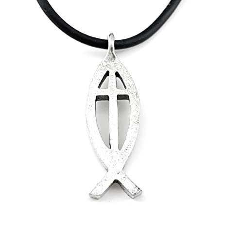 FORGIVEN JEWELRY Jesus Fish Large Ichthus Cross Antique Silver Finish Pendant Black Cord Necklace