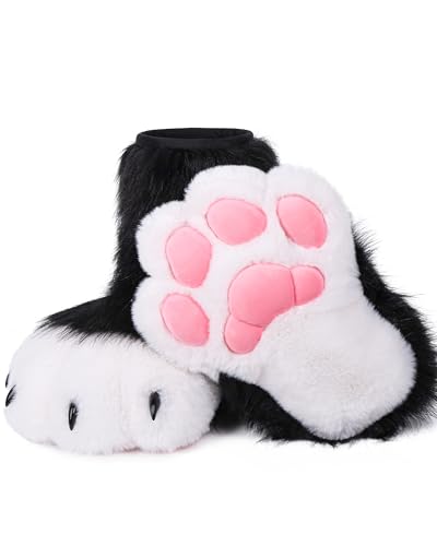 BNLIDES Cosplay Animal Cat Wolf Dog Fox Fursuit Feet Paw Claw Shoes Furry Boots Costume Accessories for Adult (Black-White)