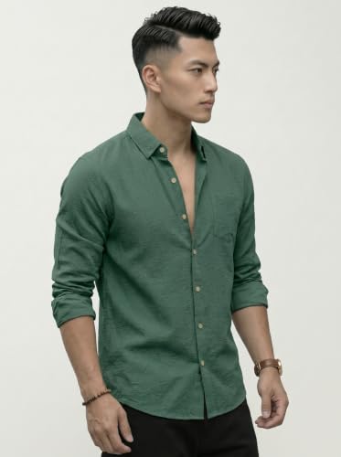 Image of NexaFlair Men's Regular Fit Solid Pattern Laffer Cotton Shirt with Long Sleeve Collared Neck Standard Length and Button Down Closure Type | Mens Casual Shirts | Man's Formal Shirts