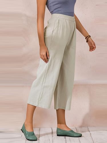 Image of ECUPPER Womens Cotton Cropped Pants Loose Fit Wide Leg Trousers | Casual, Plus Size, Elastic Waist, Capri, 100% Cotton, Slant Pockets, High Rise Waist, Lounge Pants