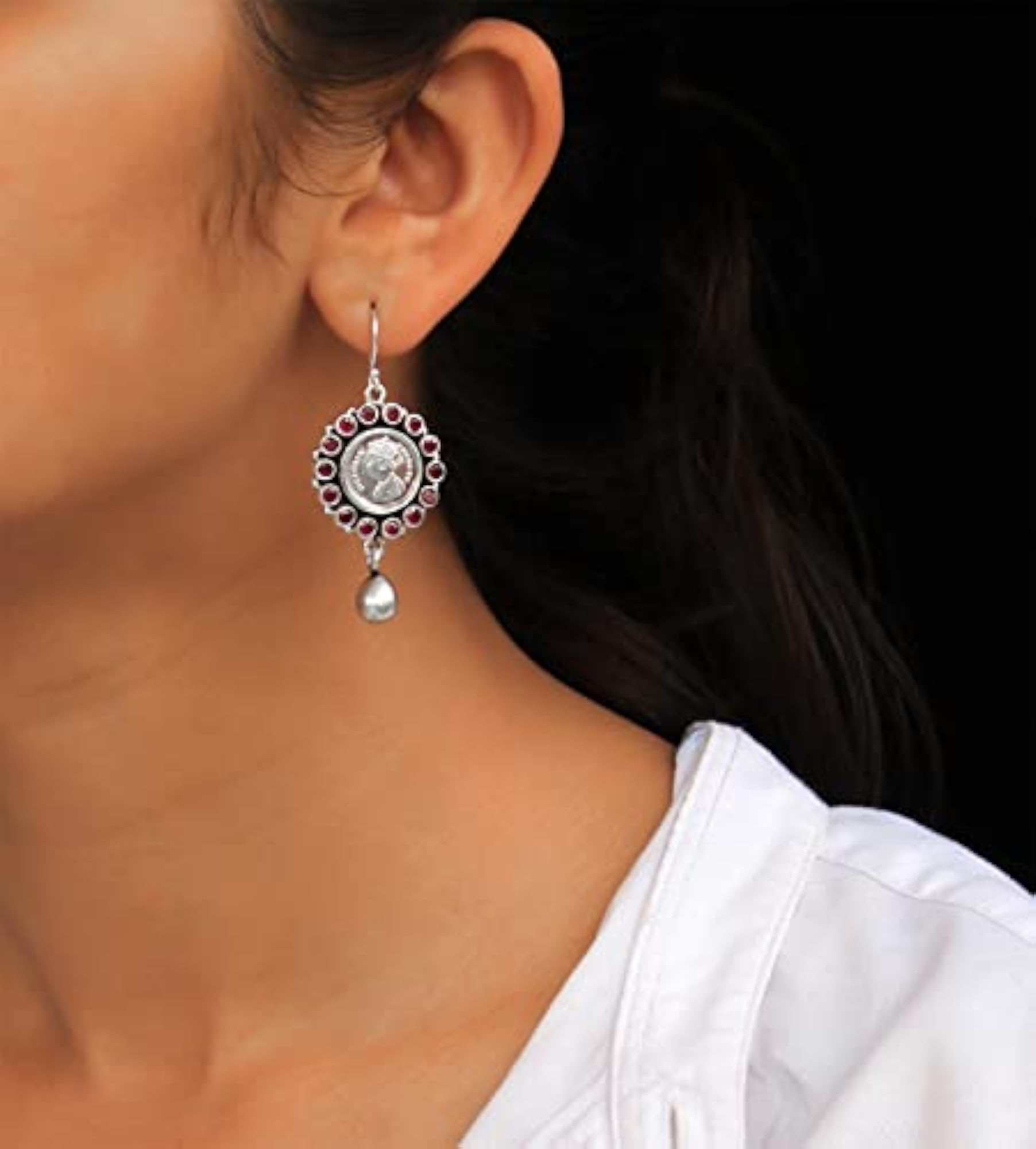 Women's 925 Silver Moh Victorian Coin Ruby Earrings, Gift for Her