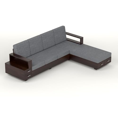 Image of Sheesham Wood 6 Seater L Shape Sofa Set with Storage Drawers and 40 Density Cushion | Solid Wooden Corner Sofa with Grey Fabric Upholstery for Living Room