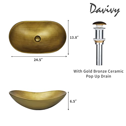 Davivy 24.5'' X 13.8'' Gold Oval Vessel Sink With Pop Up Drain,Boat Shape Bathroom Vessel Sink,Bathroom Sinks Above Counter,Ceramic Vessel Sink,Counter Top Sink,Oval Sink Bowls For Bathroom #TOP1