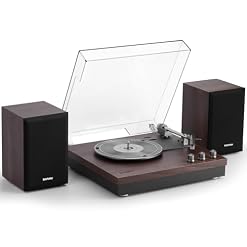 Retrospiler Tourne-disque à 3 vitesses avec deux haut-parleurs externes de 15 W, entrée Bluetooth, entrée auxiliaire, lecture USB et enregistrement LP-MP3, lecteur vinyle vintage, bois marron foncé - Les Beatles, Paul McCartney, John Lennon, RIngo Starr, George Harrison