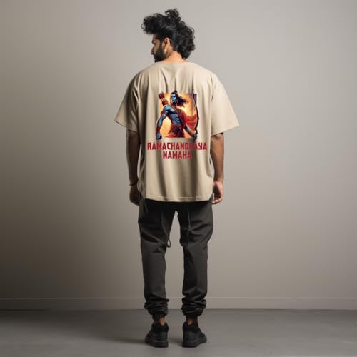 Image of Prabhubhakti Men's Oversized Ramachandraya Printed Beige T-Shirt | Back Print Drop Shoulder Pure Cotton Oversized Tshirt for Men