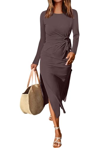 ANRABESS Womens 2025 Fall Long Sleeve Maxi Dress Crewneck Tie Waist Slit Casual Work Long T Shirt Dresses Trendy Outfits Coffee Medium