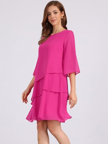 Image of Seta T Women's Chiffon Dresses 3 /4 Bell Sleeve Crewneck Tiered Layered Flowy Dress Party Wedding Outfits