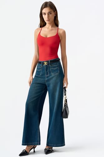 Image of QINSEN Womens Cross Back Tank Top V Neck Double Lined Camisole Top Sleeveless Spaghetti Strap Going Out Tops
