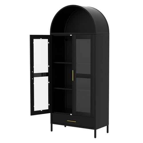 GarveeHome 73" Tall Arched Metal Storage Cabinet with Glass Doors & Drawer,Freestanding Pantry Cabinet with Adjustable Shelves, Modern Accent Bookshel