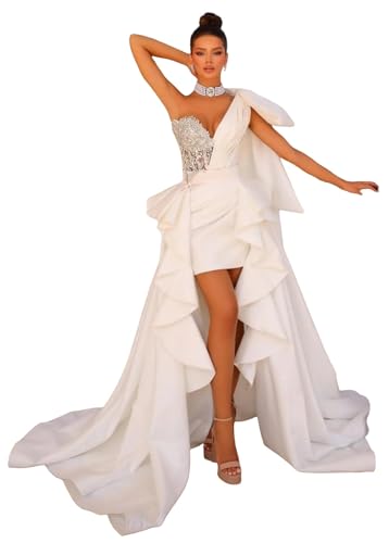 Women's Luxury Short Wedding Dresses White Satin Big Bow One Shoulder Crystal Wedding Gowns Mini Bridal Dress