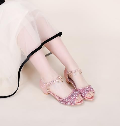 GOJERP Little Kids Girls Sandals Glitter Rhinestone Dress Pumps Sequins Princess Low Heels Party Dance Shoes (Pink, numeric_11)2