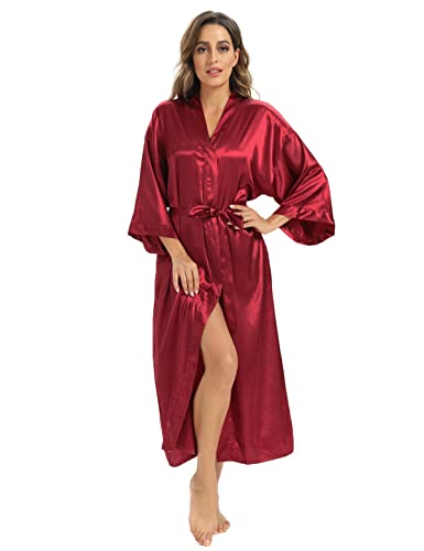 Vaborous Women\'s Soft Satin Silk Kimono Robes - Long, Full Length, Bridal Robes & Sleepwear in Wine, L/XL - Thumbnail 5